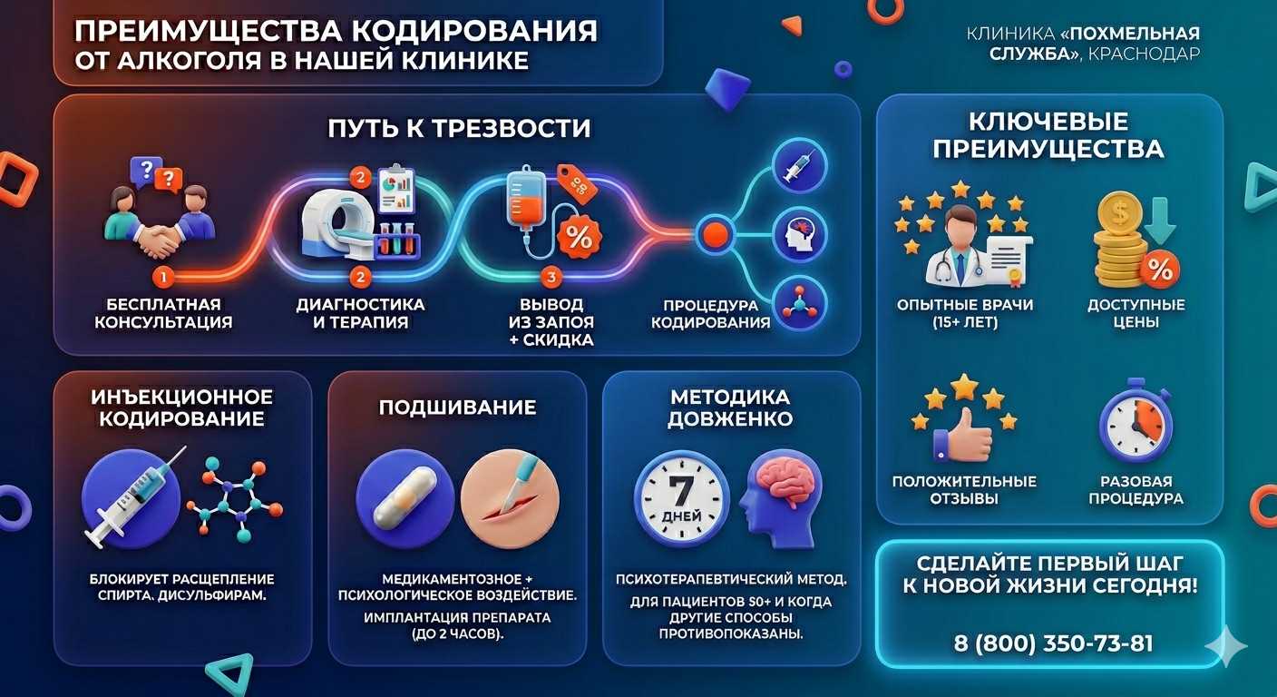 Инфографика о методах кодирования от алкоголя в Озёрске: инъекции, подшивание, метод Довженко. Преимущества клиники и этапы лечения.